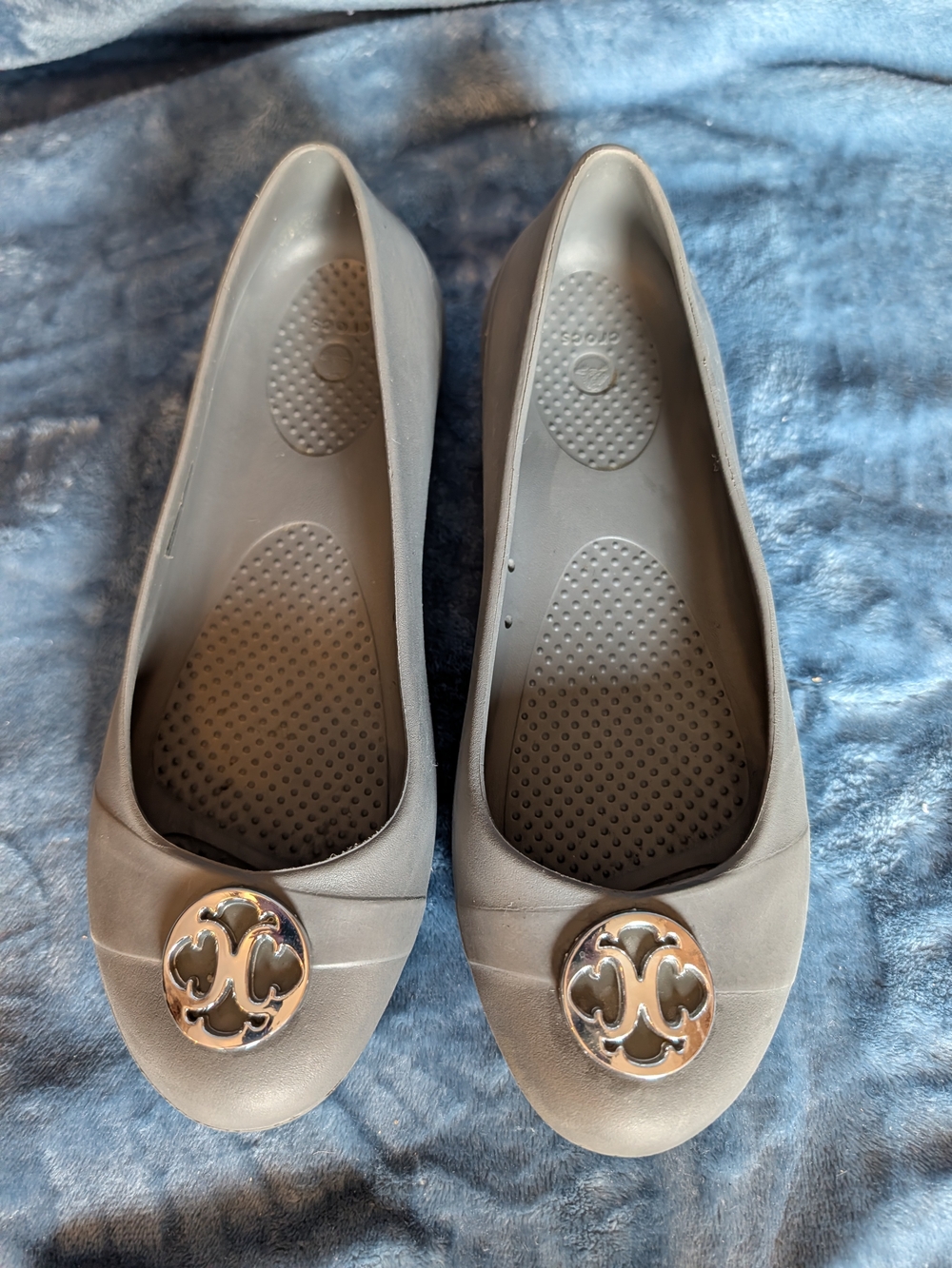 CROCS Women's Gray Slip-On Ballet Flats with Silver Emblem